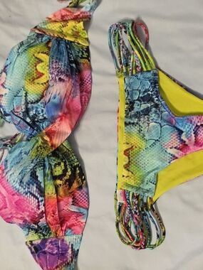 Luli Fama Neon Snake-Print Bikini in Yellow, Pink, Blue, Green